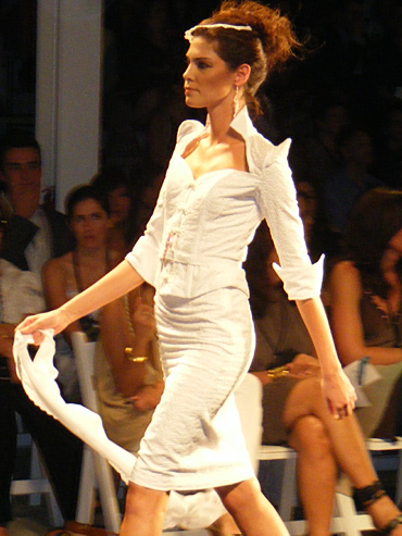 Model Gioia wears a Columbian Student Showcase design